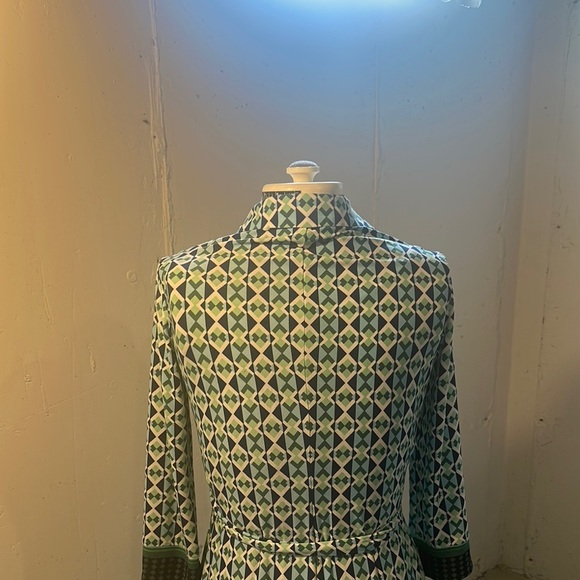 Donna Morgan Geometric Patterned Green white and Blue Dress w belt & buttons - Picture 3 of 14